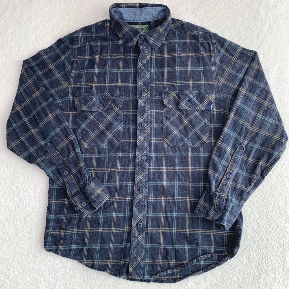 Woolrich Button Down Flannel Shirt Mens M Plaid 100% Cotton Navy Blue Check